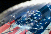 American Flag behind Broken Glass